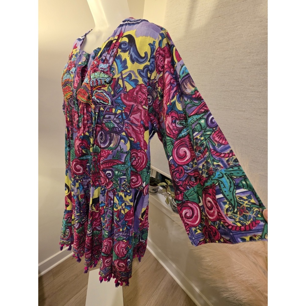 ANTICA SARTORIA NWT PURPLE PINK & YELLOW CHERUB PRINT SHORT DRESS OS Resort - Picture 13 of 16